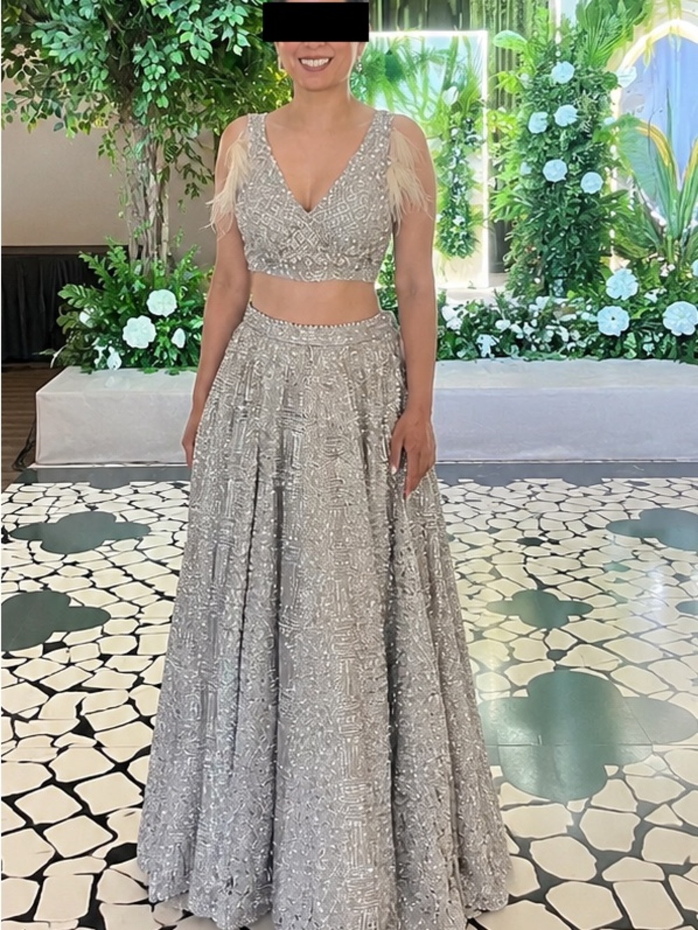Silver Nude Lehenga with Gold Dupatta